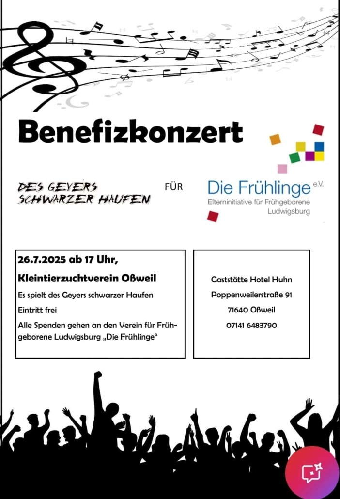 Benefizkonzert-Ankündigung mit Musiknoten, Datum und Ort. Spenden für Frühgeborene Ludwigsburg.