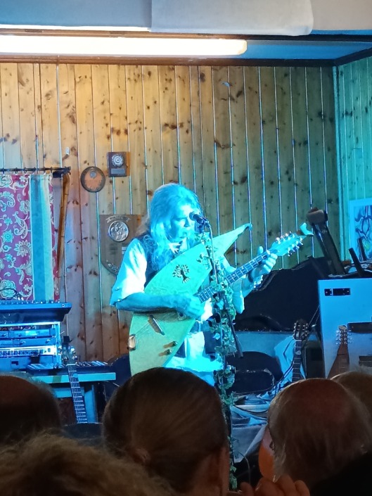 Musiker spielt ein dreieckiges Saiteninstrument auf einer Bühne mit Holzwand im Hintergrund.