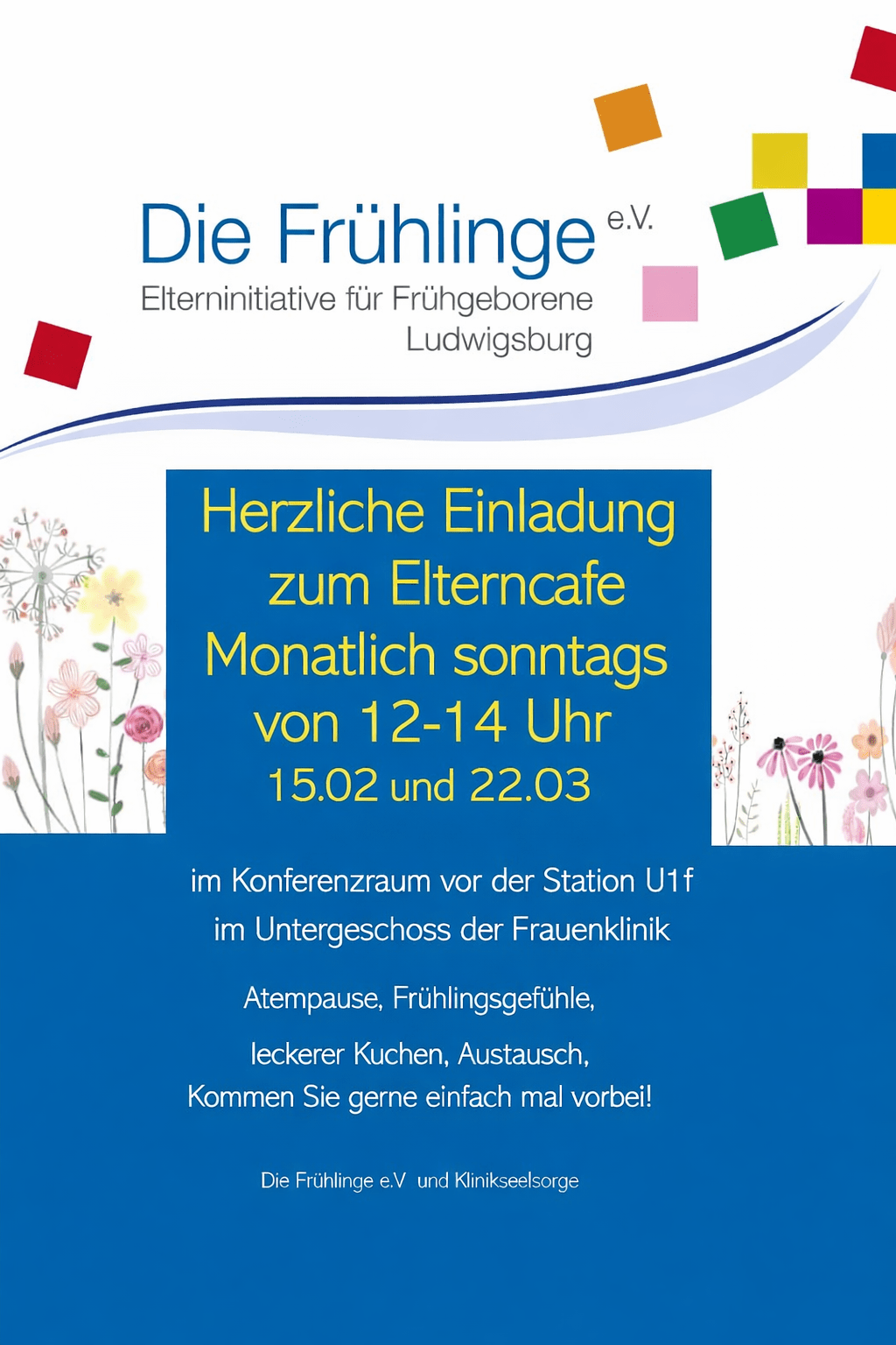 Einladung zum Elterncafé in Ludwigsburg mit Blumenillustrationen und bunten Quadraten.