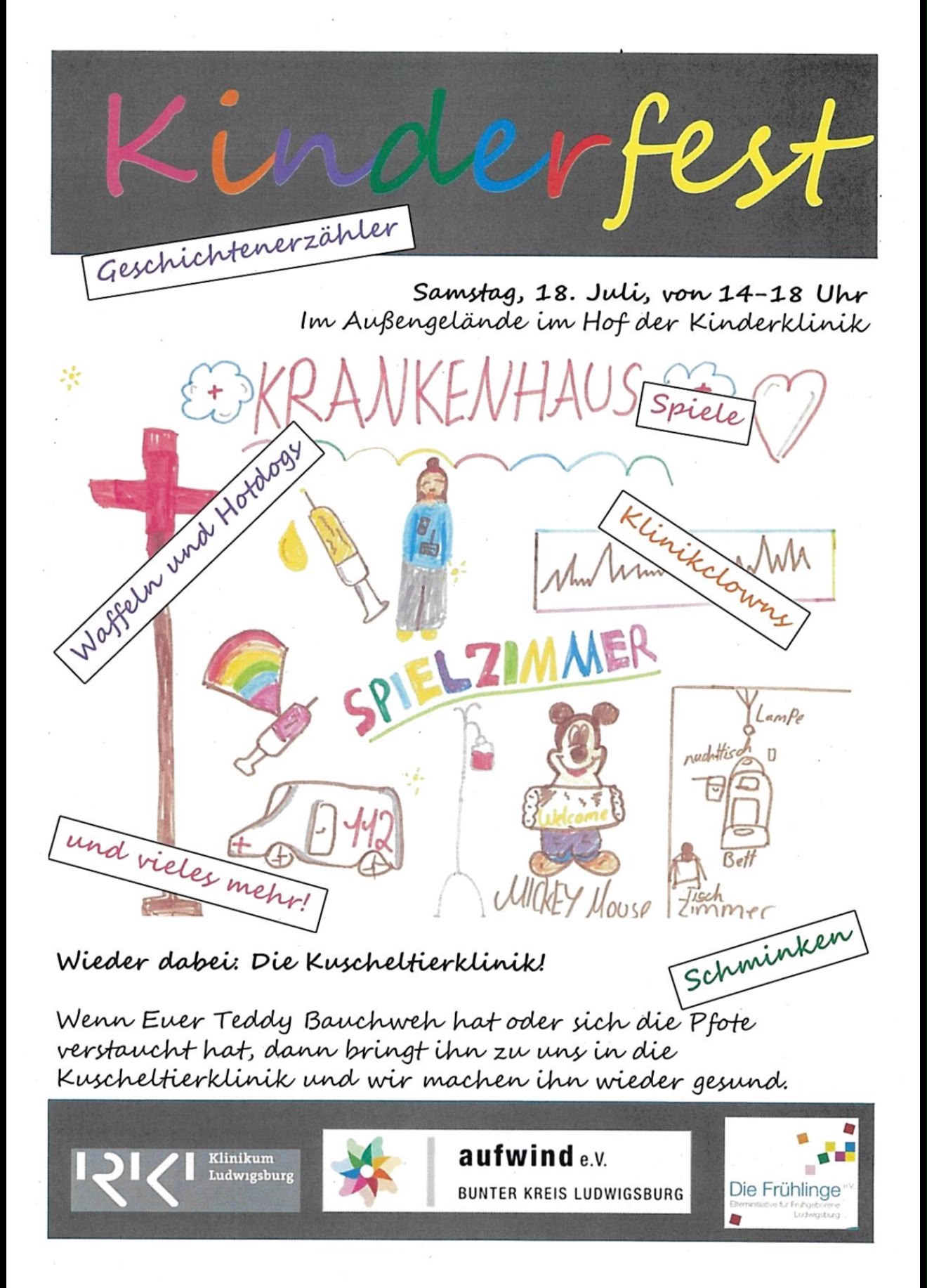Plakat für ein Kinderfest mit bunten Zeichnungen, Texten und Details zu Aktivitäten wie Spiele, Klinikclowns und Schminken.