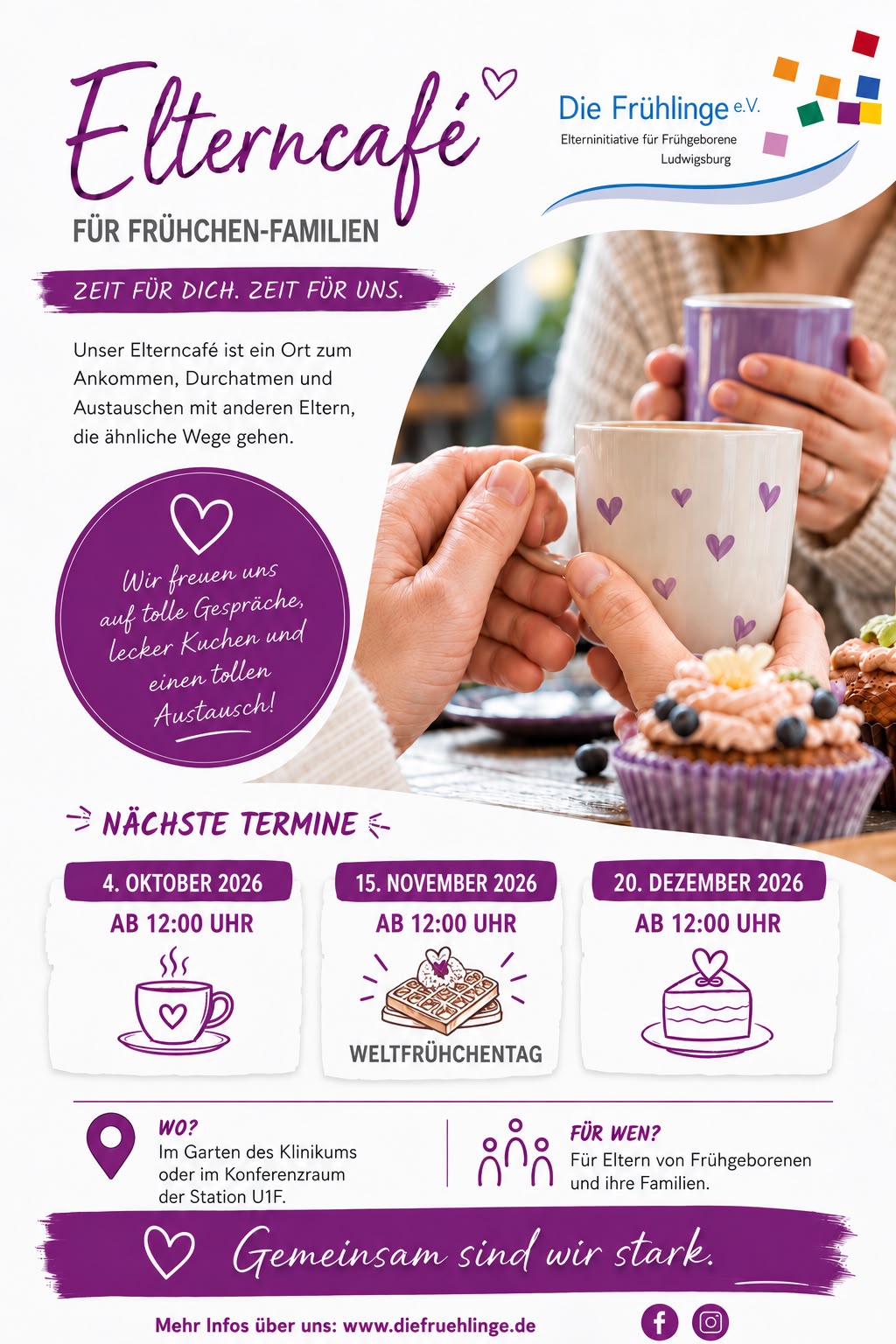 Zwei Hände halten Tassen mit Herzen, daneben Muffins. Text informiert über Elterncafé-Termine für Frühchen-Familien.
